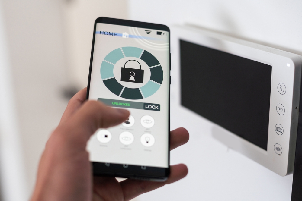 Smartphone,With,Launched,Application,For,Alarm,Security,System,,Lock,Or